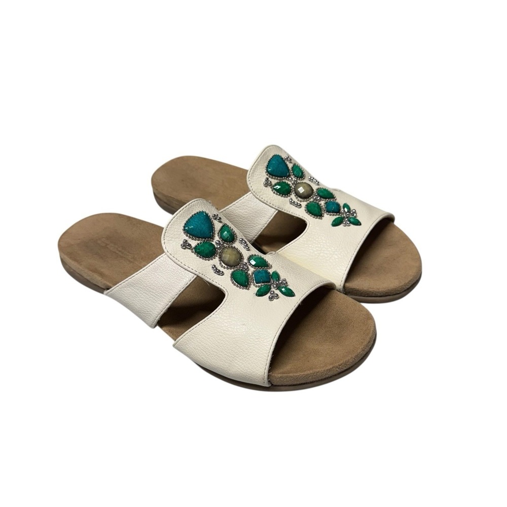 White Slide Sandals with Green Gem Embellishment